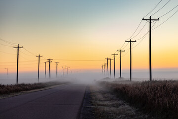 Fototapeta na wymiar Utility poles on road with fog
