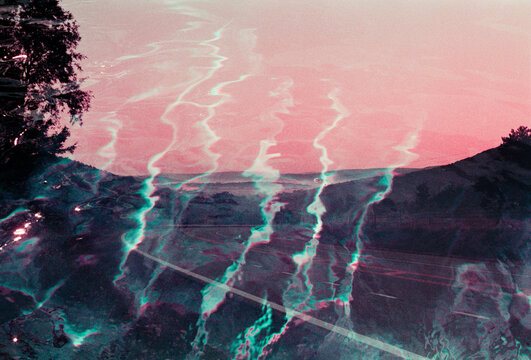Interstate road at sunrise double exposed with shining waves of water