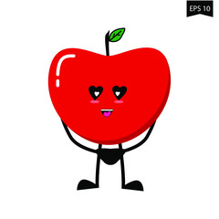 Cute apple look so happy falling in love . Funny health and fitness illustration with Cartoon fruit character. Kawaii style. Vector card.
