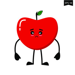 Cute sad apple . Funny health and fitness illustration with Cartoon fruit character. Kawaii style. Vector card.
