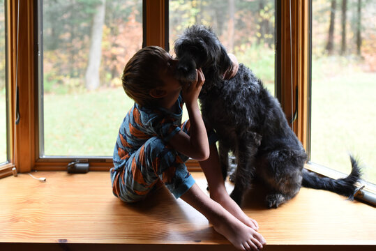 little boy sitting in a bay window with his black dog