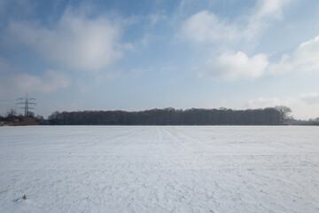 Outdoor sunny scenery of thick layer snow cover land and field, background of tree without leave in countryside in Germany during winter season.