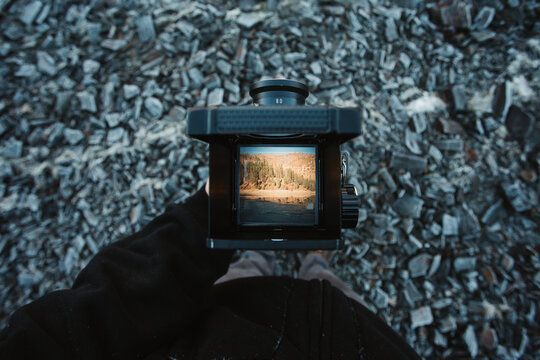 Waist level viewfinder of medium format camera.