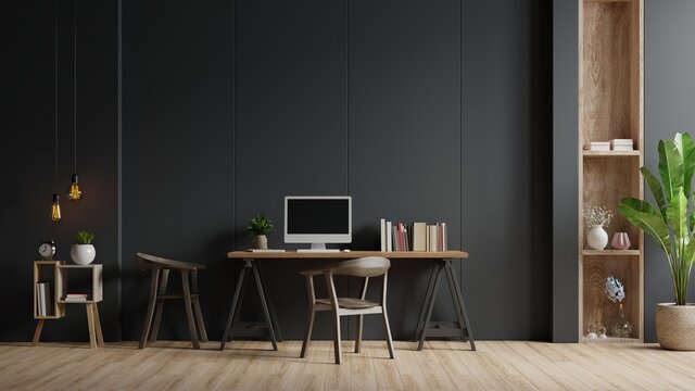 Modern interior working room with chair,plants,book,table on black wall background.
