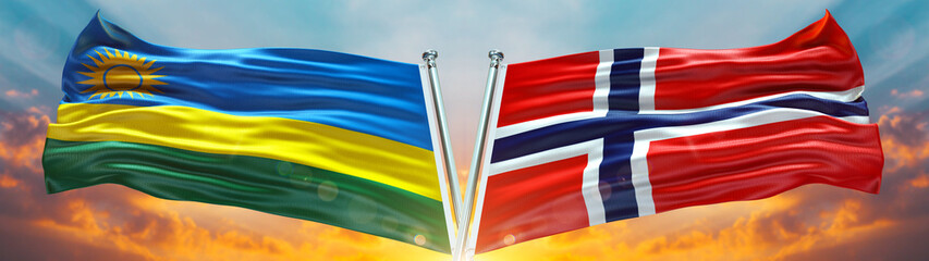 Norway Flag and Rwanda flag waving with texture sky Cloud and sunset Double flag