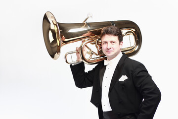 Tuba player brass instrument. Classical musician portrait