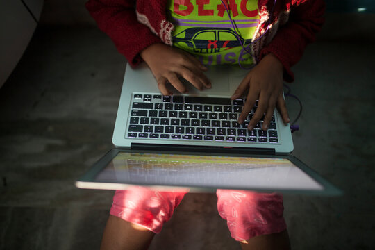 Girl working with laptop,Top View