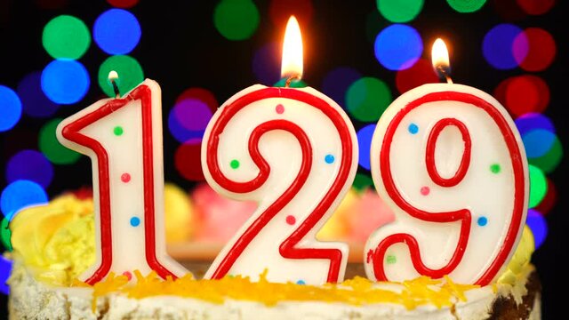 Number 129 Happy Birthday Cake With Burning Candles Topper.