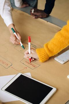 Corporate Teamwork - Closeup on Female Hands Using Red and Green Markers to Draw Chart