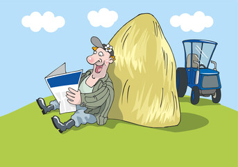 A satisfied man is reading a newspaper. A hand-drawn tractor driver sits near a haystack with a tractor nearby. Flat infographics. Vector illustration in cartoon style.
