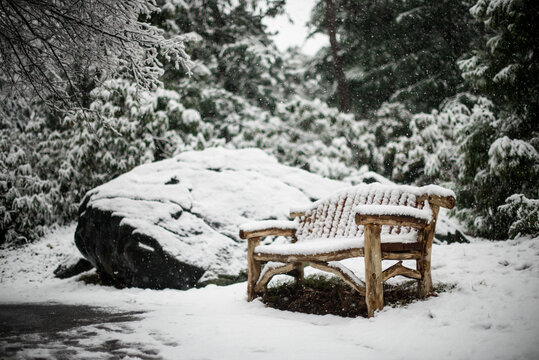 Snow falling on a bench