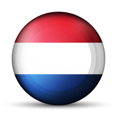 Obraz premium Glass light ball with flag of Netherlands. Round sphere, template icon. Dutch national symbol. Glossy realistic ball, 3D abstract vector illustration highlighted on a white background. Big bubble.