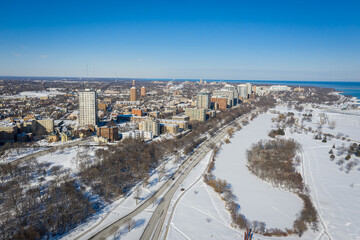 Milwaukee, WI USA - February 09, 2021: Aerial view of Juneau Park and Veterans Park looking north