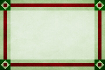Green frame around a mint textured parchment background with red textured ribbon border trim and square in diamond design in corners.