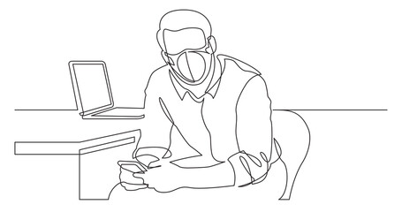 continuous line drawing of man wearing face mask sitting reading his mobile phone