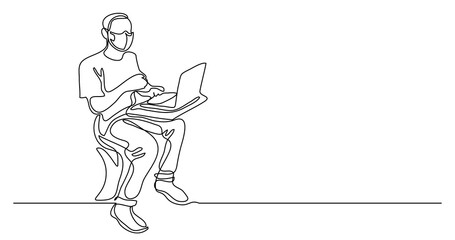 continuous line drawing of a guy sitting with laptop computer wearing face mask