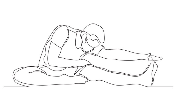 continuous line drawing of man stretching his leg in yoga exercise wearing face mask