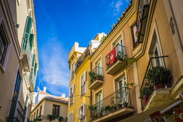 Typical facades in the historic center of Malaga, a city located in Andalucia, spain