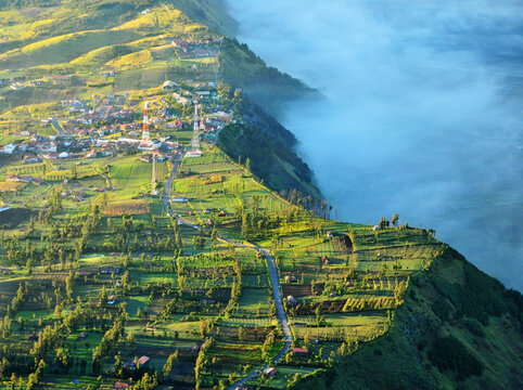 Aerial view of villages nearby Mount Bromo, Indonesia