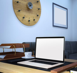 Mockup laptop on the table and wall frame