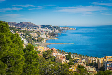 Naklejka na ściany i meble View on Malaga and the Costa del Sol in Andalucia (Spain) from the Mirador de Gibralfaro