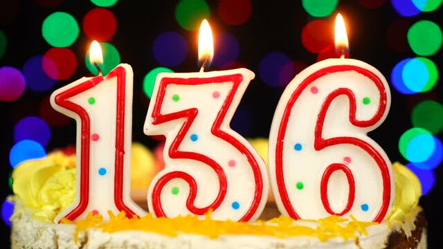 Number 136 Happy Birthday Cake With Burning Candles Topper.
