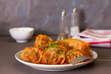 Cabbage rolls with meat, rice and vegetables. Chou farci, dolma, sarma, golubtsi or golabki
