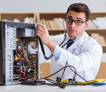 IT technician repairing broken pc desktop computer