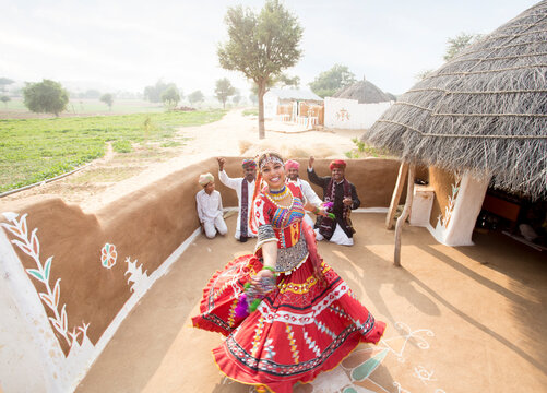Traditional dancers performing in desert. Rajasthan. India.