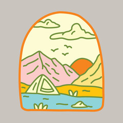 Camping nature adventure wild line badge patch pin graphic illustration vector art t-shirt design