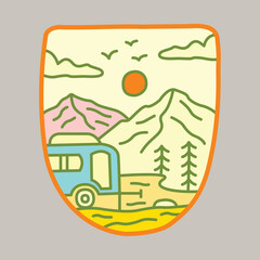 Camping nature adventure wild line badge patch pin graphic illustration vector art t-shirt design