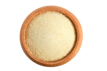Gelatin Powder in Wooden Bowl (Gelatine). Top View. Isolated on White.