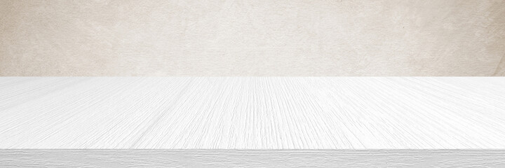 White wood table and brown wall background in kitchen, Wooden shelf, counter for food and product display in room background, White wood table top, desk surface banner, mockup, template