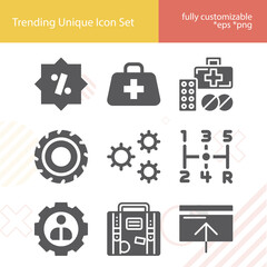 Simple set of gear related filled icons.