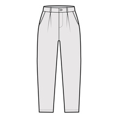 Capri pants technical fashion illustration with belt loops, mid-calf length, single pleat, normal waist, high rise, slashed, flap pocket. Flat breeches bottom front, grey color. Women, men CAD mockup