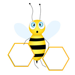 Cartoon cute bee mascot. Merry bee with an empty table. Small wasp. Vector character. Insect icon. Holiday template design for invitation, cards, wallpaper, school, kindergarten. Copy space.