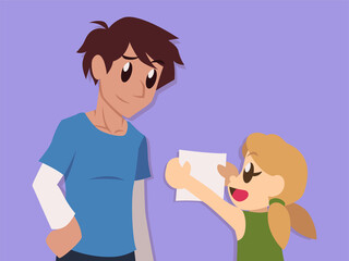 Fototapeta premium Little girl showing a paper sheet to an adult man