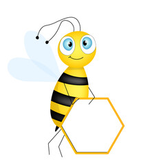 Cartoon cute bee mascot. Merry bee with an empty table. Small wasp. Vector character. Insect icon. Holiday template design for invitation, cards, wallpaper, school, kindergarten. Copy space.