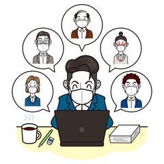 自宅でオンラインミーティングするビジネスマン　マスク