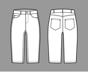 Denim short pants technical fashion illustration with knee length, low waist, rise, curved, coin, angled 5 pockets. Flat breeches bottom template front, back, white color style. Women, men CAD mockup