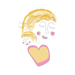 Cute concept hugging mom with daughter. Older sister and younger sister. Design for postcards for March 8, Mother's Day, Sisters Day. Vector illustration.