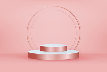 Rose gold color 3D stage podium mockup for cosmetic and product placement, vector illustration