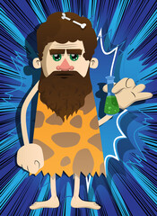 Cartoon prehistoric man holding a test tube. Vector illustration of a man from the stone age.