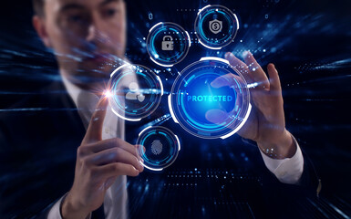 Business, Technology, Internet and network concept. Young businessman working on a virtual screen of the future and sees the inscription: Protected
