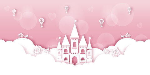 Cute Fairy tale Pastel Balloons Clouds Unicorn Pumpkin Horse Castle Carriage Vectors illustration