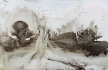White-gray watercolor background. Transparent lines and spots on a white paper background. Paint leaks and ombre effects. Hand-painted abstract image. © Olirina