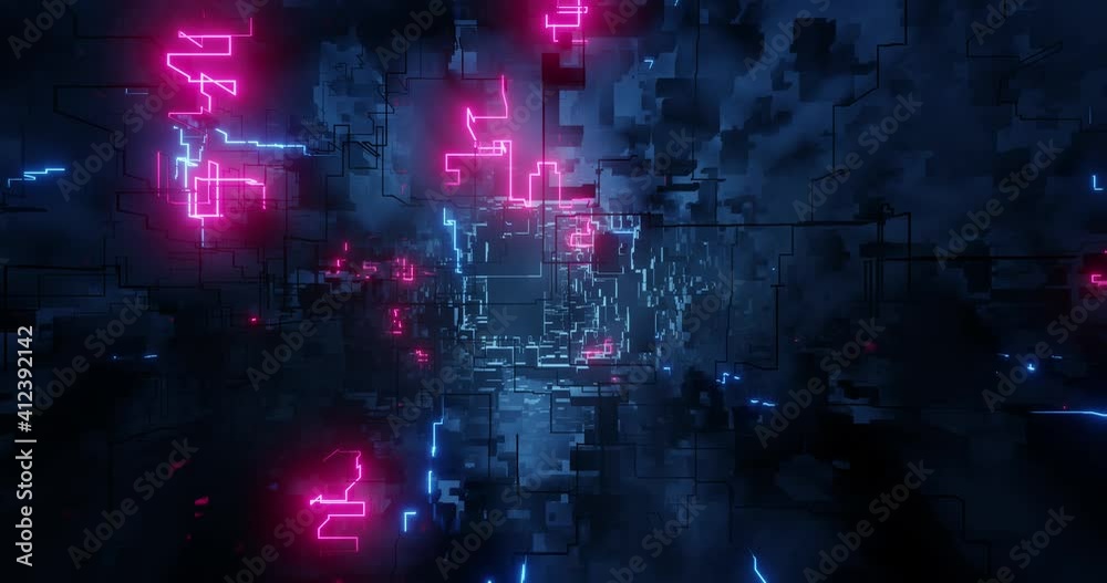 Poster Abstract hologram 3D Big Data Digital City with futuristic matrix. Digital buildings with a binary code particles network. Futuristic technology abstract with lines for network. 3D render 4k loop