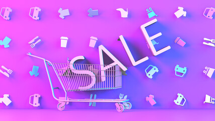 Sale 3D text in shopping cart internet retail e-commerce promo - illustration rendering