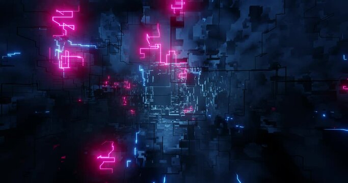 Abstract hologram 3D Big Data Digital City with futuristic matrix. Digital buildings with a binary code particles network. Futuristic technology abstract with lines for network. 3D render 4k loop