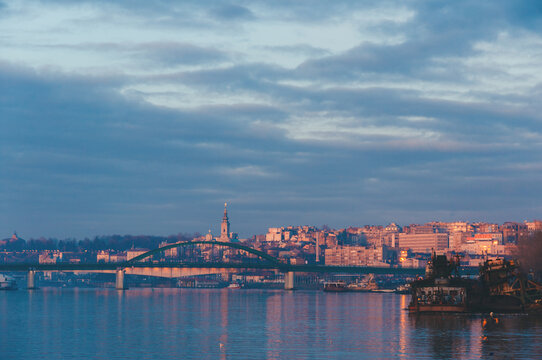 Beautiful sunset above Sava river in Belgrade
